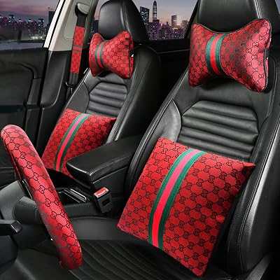 7PCS Steering Wheel Cover Set for Women, Car Accessories with Car Neck Pillows Lumbar Support Pillow and Seat Belt Covers, Universal Fit 14-15.5 inches Red