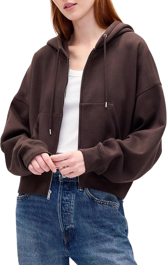 Hixiaohe Casual Fleece Crop Hoodies for Women Drawstring Hooded Zip Up Long Sleeve Sweatshirt Jacket Fall Lounge Outfits Top