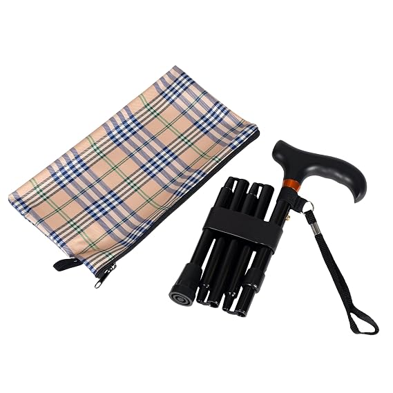 HARVY Mini Folding Cane Adjustable Travel Walking Stick for Men & Women, Lightweight Aluminum with Solid Wood Derby Handle, Compact & Portable (Black)