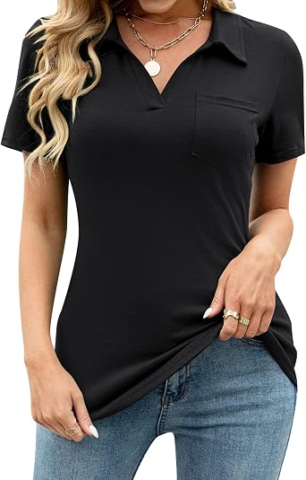 AKEWEI Womens V Neck Polo Shirts Short Sleeve Collared Tops Loose Casual Tunic Blouses with Pocket