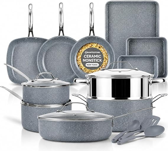 GRANITESTONE Ceraluxe 20Pc Pots and Pans Set Non Stick Ceramic Cookware Set