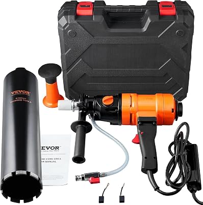 Diamond Core Drilling Machine, 4in Handheld Wet Concrete Core Drill Rig, 1100-2400RPM Two Speed & 1-14 Thread & 2 Bubble Levels, 3-4in Drilling Diameter for Concrete Brick Block Stone, 1500W
