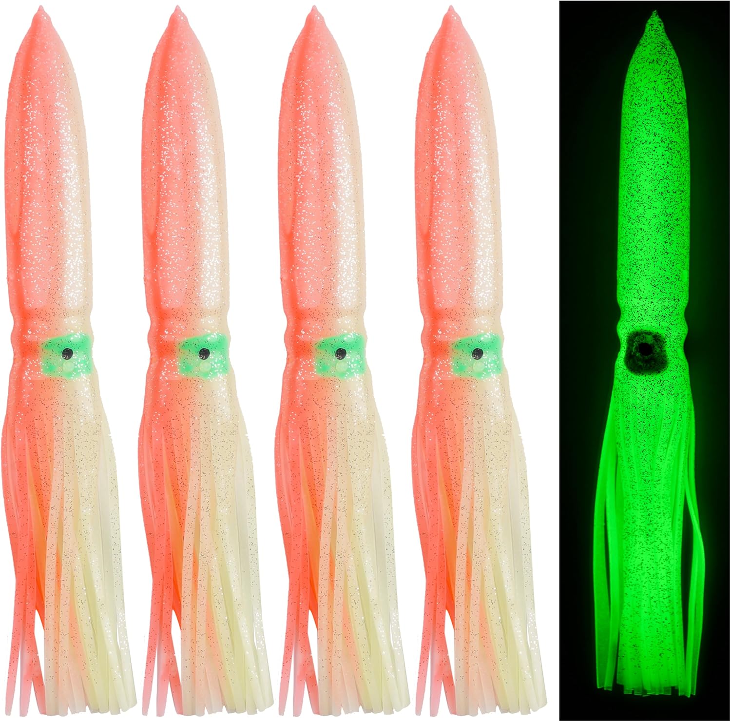 Luminous Squid Skirts Fishing Lures 11.8inch Trolling Squid Lures Skirts Glow Octopus Lures Skirts Soft Squid Baits Skirts Trolling Lures Saltwater for Bass Salmon Trout Tuna Marlin