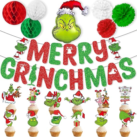 Merry Grinchmas Cupcake Toppers - Red Green Glitter Christmas Banner Balloons for Xmas Party Home Wall Fireplace Mantel Photo Props Backdrop Decor