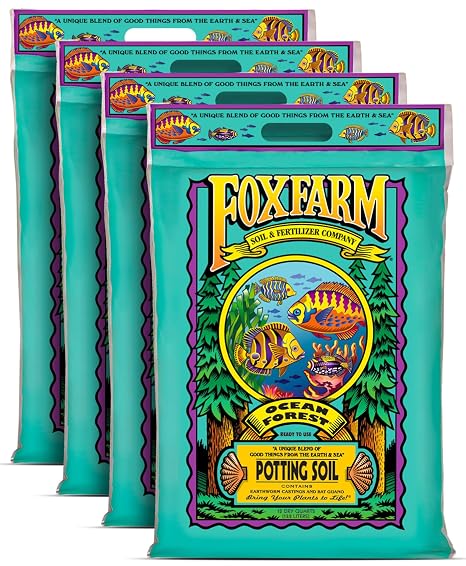 FoxFarm Ocean Forest Potting Soil for Container Gardens - Light, Aerated Texture with Fish Meal, Crab Meal, Earthworm Castings - Houseplant Potting Mix for Seedlings & Plant Starts - 4 x 12 Quart