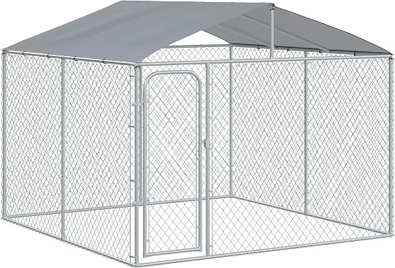 PawHut Outdoor Dog Kennel, Heavy Duty Dog Run Outdoor Fence with Waterproof Cover, Galvanized Chain Link, Secure Lock, 9.8' x 9.8' x 7.7'