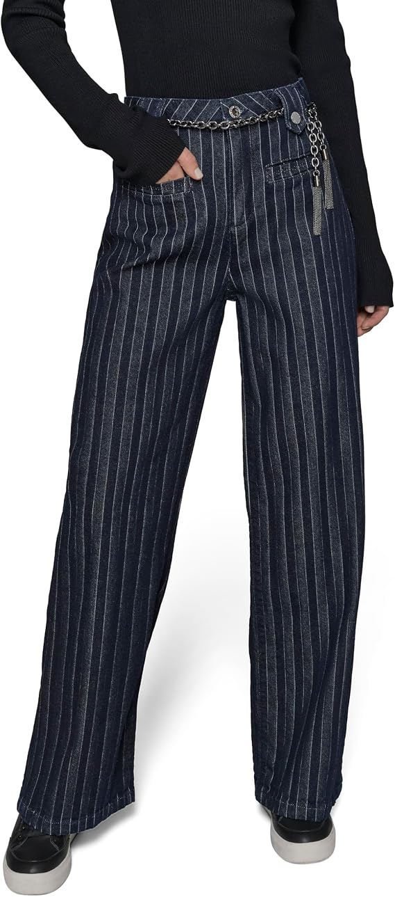 Karl Lagerfeld Women's Wide Leg with Chain Belt Stripe Denim