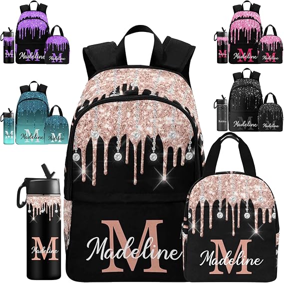 MyPupSocks Custom Name Backpack with Lunch Box for Girls, Personalized Glitter Kids Schoolbag Casual Backpack Customized Girls Bookbag School Bag for Kids Unisex Back School Camping Travel