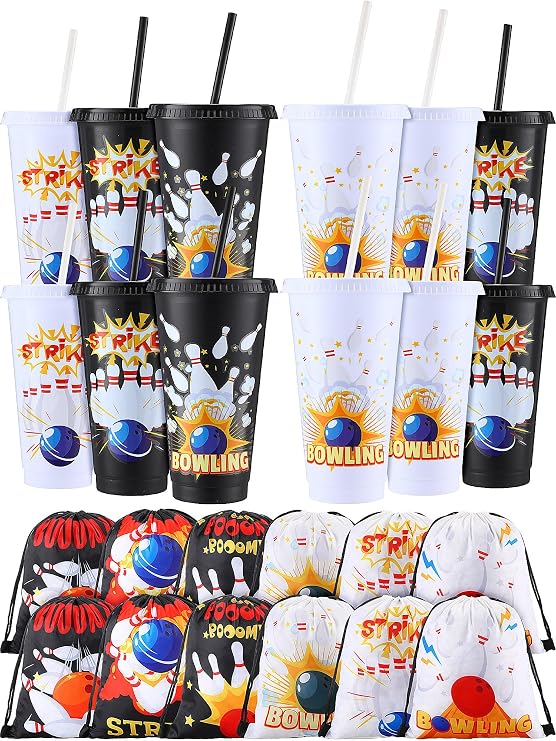 24 Pcs Bowling Party Favors Bowling Party Plastic Cups Bowling Party Drawstring Backpack Bag 24 oz Bowling Tumbler Bowling Party Favor Bags for Bowling Birthday Team Party Supplies Gifts