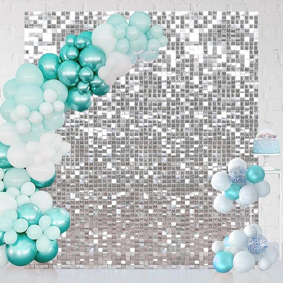 Shimmer Wall Backdrop Silver Sequin Panel Square Wall Disco Backdrop Decoration Set of 24 Silver Glitter Birthday Backdrops Sheets Bridal Shower Parties 6FTx4FT