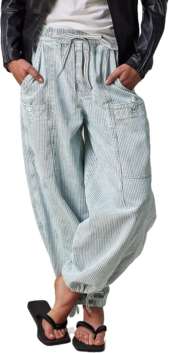 Kedera Women's Baggy Barrel Jeans Wide Leg Boyfriend Low Rise Elastic Waist Denim Pants Y2K Trousers
