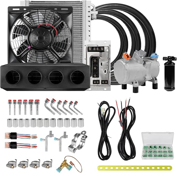 12V Auto Air Conditioner Electric Compressor Four Hole Evaporator Kit for Classic Car Pickup RV Truck Agricultural Vehicle Excavator Auto Air Conditioning System (Voltage 12V: single cold)