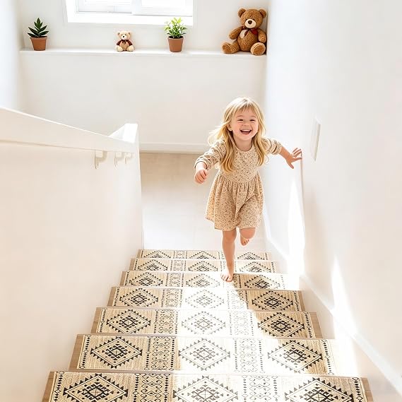 Stair Treads for Wooden Steps, Non Slip Stair Treads Carpet Indoor Residue Free Peel and Stick Washable Stair Covers, Safe for Dogs Kids Elders, Moroccan Beige, 8x30 inch, 15 Pack