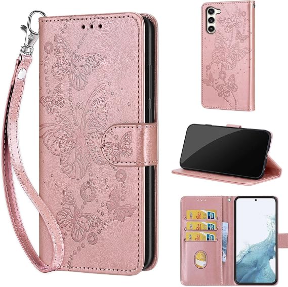 Wallet Case for Samsung Galaxy S23 Plus, Rose Gold Butterfly