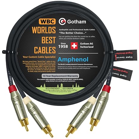 15 Foot RCA Cable Pair - Gotham GAC-4/1 (Black) Star-Quad Audio Interconnect Cable with Amphenol ACPR Die-Cast, Gold Plated RCA Connectors - Directional