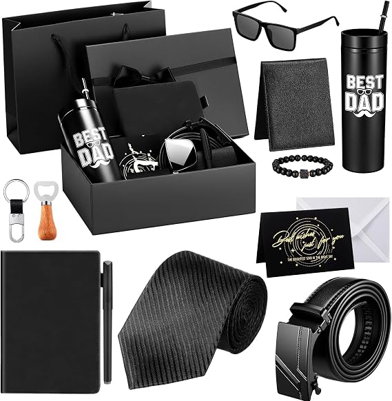 Tioncy 12 Pcs Men Birthdays Gift Set with Box Basket Tumbler Wood Bottle Opener PU Leather Wallet Tie Belt Keychain Sunglasses Pen Journal Gift Box and Bag Set for Husband(Best Dad)