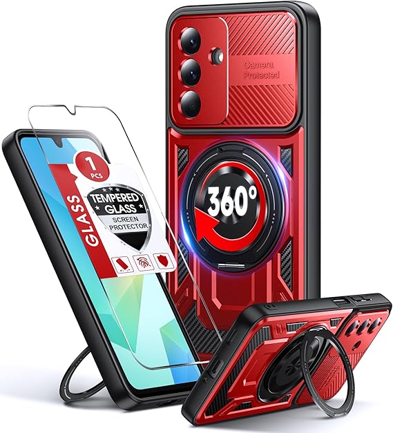 LeYi for Samsung Galaxy A16-5G Phone Case: with Glass Screen Protector, [Fit Magsafe] Military Grade Shockproof Android Mobile Cell Cover Funda para Ring Holder Kickstand Samsung 16A 5G Unlocked, Red