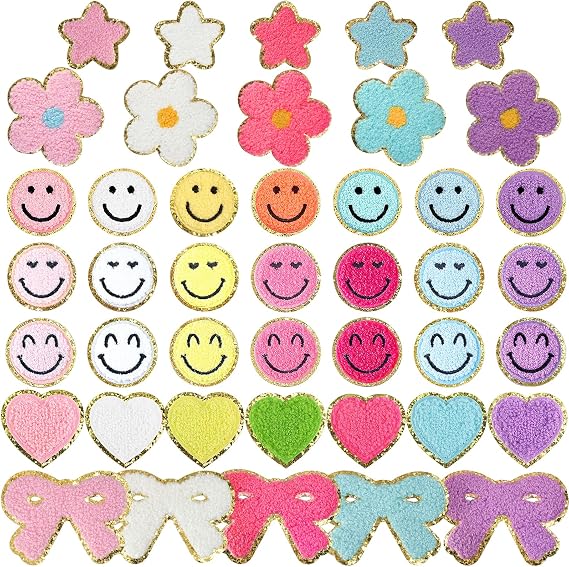 43 Pcs Chenille Letter Patches Self Adhesive Iron on Patch 3D Cute Embroidered Star Smile Face Heart Bow Applique Sewing Badges Patch for Fabric Clothing Jacket DIY
