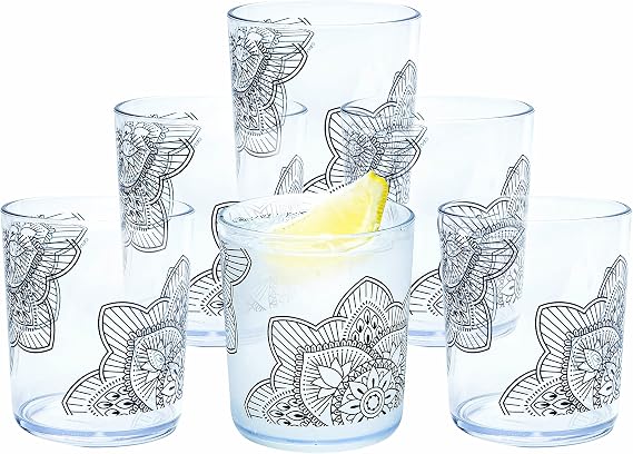 bzyoo BPA-Free Designed Dishwasher Safe 14 oz Plastic Tumbler Set which is Durable and Stackable Great For Parties, Anniversaries (6 PCS, Mandala Black)