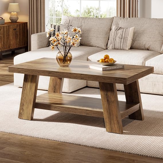 Tribesigns 47-Inch Farmhouse Coffee Table with Storage Shelf, Rustic Wooden Center Table for Living Room, 2-Tier Rectangle Coffee Table for Apartment (Rustic Brown)