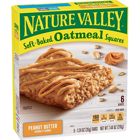Nature Valley Peanut Butter Soft-Baked Oatmeal Squares, 6 ct | 13g Whole Grains per Serving, Real Peanut Butter Flavor, No Artificial Flavors, Colors, or High Fructose Corn Syrup