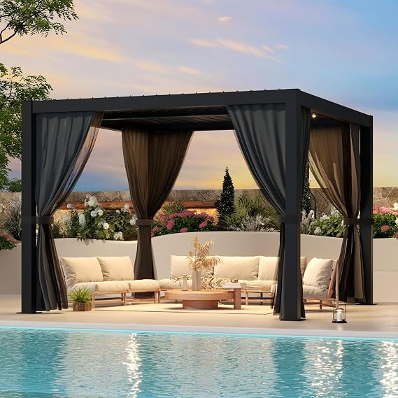LVUYOYO Outdoor Louvered Pergola 10' x 10', Aluminum Pergola with Adjustable Roof, Waterproof Metal Gazebo with Curtains and Netting for Patio, Backyard, Garden, Deck (Black)