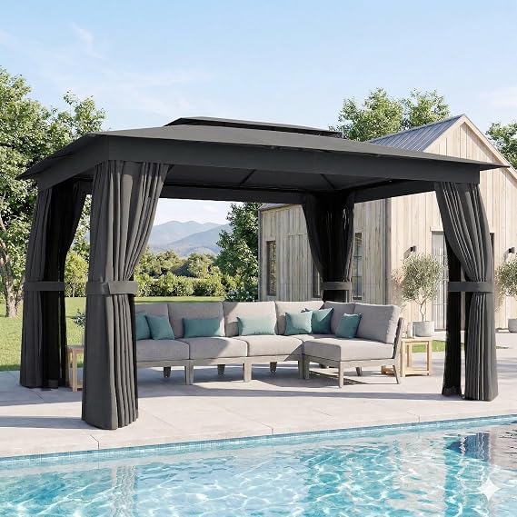 Outsunny 10' x 12' Outdoor Patio Gazebo with Double Roof, Dark Gray | Heavy Duty Gazebo Canopy Shelter, Curtains, Netting, Steel Frame, UPF30+ Protection, Ceiling Hooks, Lawn Backyard Deck