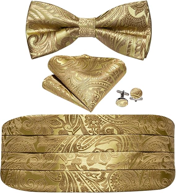 Barry.Wang Men Cummerbund Pretied Bowtie Handkerchief Cufflink Set Tuxedo