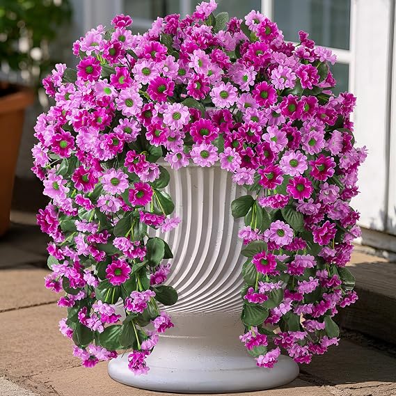 INXUGAO Artificial Fake Hanging Flowers Plants for Outdoor Spering Decoration, 2 PCS Faux Silk Orchid Long Vines Stems Bouquet UV Resistant for Wall Home Porch Patio Outside (Double Lotus)