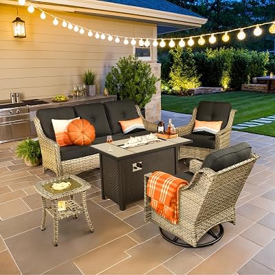 Outdoor 5 Pieces Coversation Set with 42 Fire Pit Table, Patio Furniture High Back Couch with Swivel Rocking Chair, Rattan Wicker 3-Seater Sofa for Porch Balcony Backyard,Black