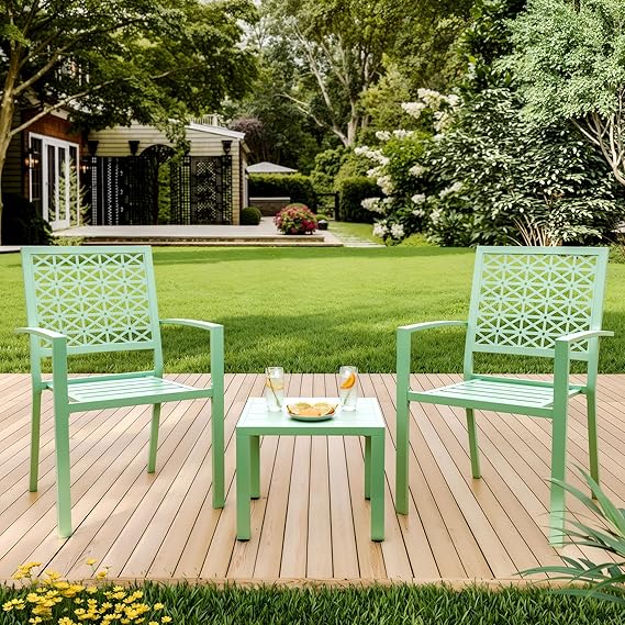 3-Piece Outdoor Bistro Set Modern Patio Furniture Set with 2 Decorative Iron Chairs and Square Coffee Table, Perfect for Balcony, Porch, Garden, or Lawn, Light Green