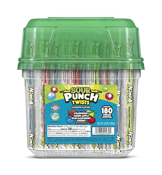 Sour Punch Sour Punch Twists, 6" Individually Wrapped Soft & Chewy Candy, 4 Fruit Flavors, 3.9-LB Tub, 3.9 lb