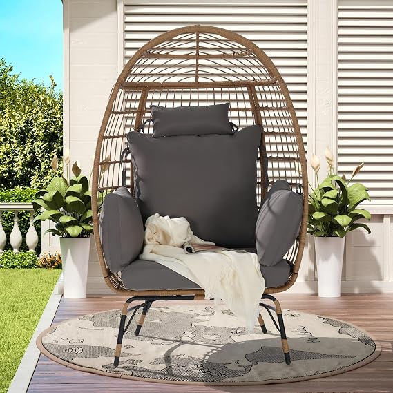 Larmliss Wicker Egg Chair with Cushion and Pillow, Lounge Chair Indoor Outdoor,Oversized Patio Rattan Egg Chair for Balcony, Backyard, Garden, Living Room,Dark Gray