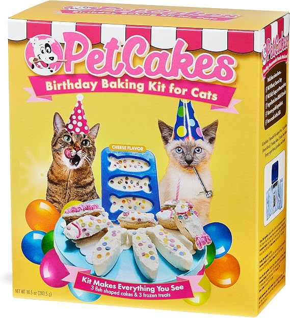 PetCakes Birthday Baking Kit for Cats- Makes 3 Frosted Fish Shaped Cakes & 3 Ice Cream Treats - Includes 2 Healthy Cake Mixes, 2 Frosting & 2 Ice Cream Mixes, Sprinkles & Candle - Net Wt 10.5 oz