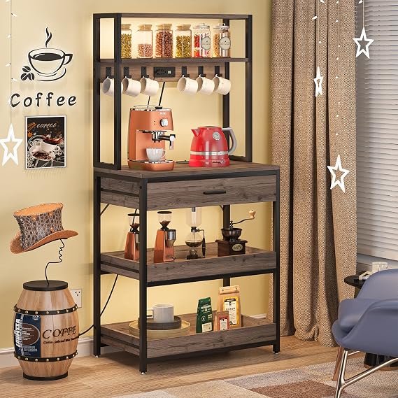 Tribesigns Bakers Rack with Power Outlets, 5-Tier Kitchen Storage Shelf, Microwave Oven Stand with Drawer, 65H Coffee Bar Table, Kitchen Rack with Sliding Shelves and 6 Hooks, Grey