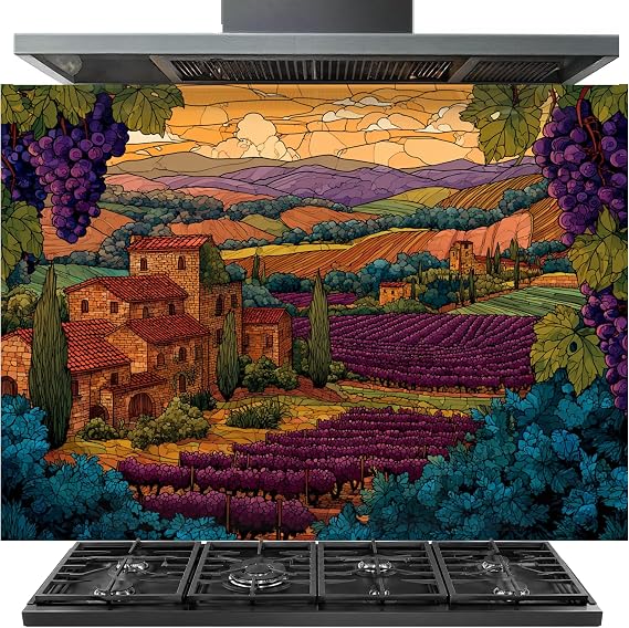 Rustic Vineyard Kitchen Backsplash, Tempered Glass Backsplash, Heat Resistant Backsplash, Glass Back Splash Stick on Tiles for Kitchen, Easy to Clean Stove Backsplash