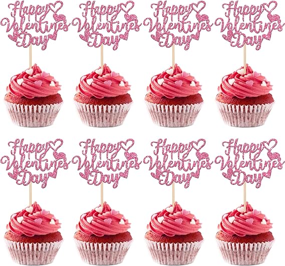 24 Pack Happy Valentine's Day Cupcake Toppers with Heart Glitter Sweet Love Theme Cupcake Picks Valentine's Day Cake Decorations for Valentine's Day Theme Birthday Party Supplies Pink