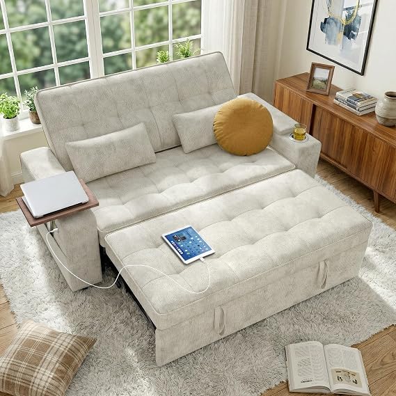 65in Sleeper Sofa Bed, 3 in 1 Pull Out Couch with Chenille Fabric Convertible Loveseat for LivingRoom and Apartment (Beige)