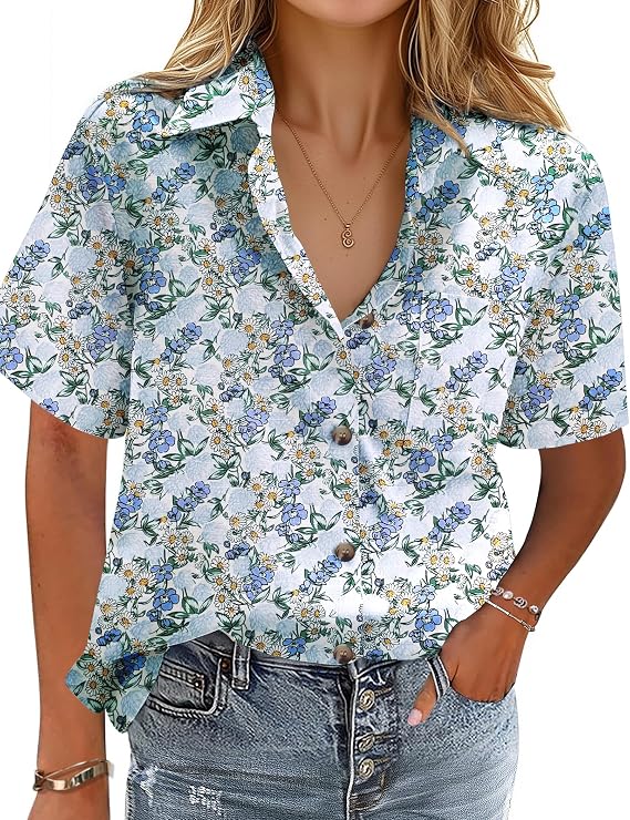HOTOUCH Women Cotton Button Down Shirts Short Sleeve Linen Blouses Tops | V Neck Collared Blouse, with Pocket, soft breathable, Perfect for Beach, or Outings, Pairs with Shorts or Skirts