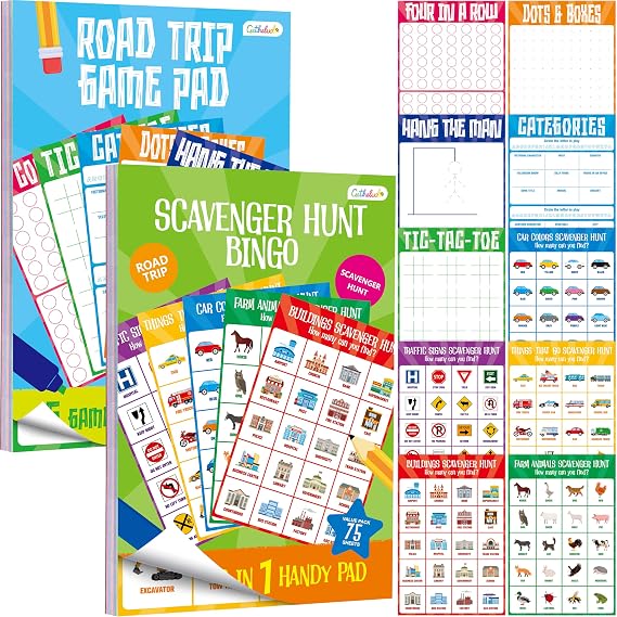 Gethelud 2 Pack Road Trip Game Pads, 10 Games (Categories, Dot & Boxes, Tic-tac-Toe, Scavenger Hunt Bingo), Pen Pencil Paper Game, Plane Trip/Car Travel/Getaway Activity Pad for Kid, Adult