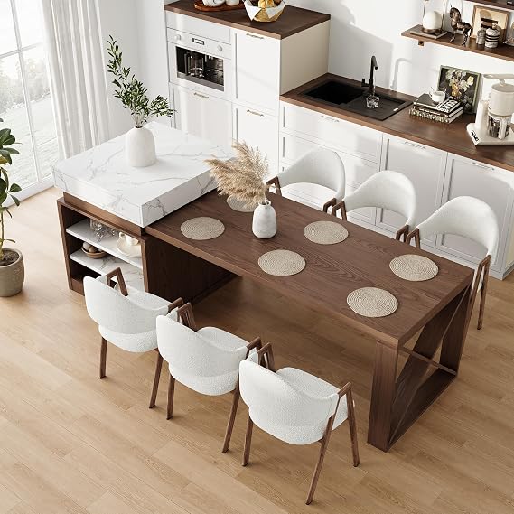 homary Extendable Kitchen Island 73"-93" with Storage Kitchen Cabinet, Convertible 6-Person Dining Table, Shelves and Drawers, Natural & White Wood Finish (Matte White & Walnut)