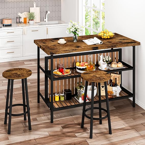 DKLGG 3 Piece Dining Table Set for 2,Kitchen Island with Seating & Storage,Industrial Bar Table and Chairs Set,Space-Saving Pub Table Set for Small Space (Rustic Brown)