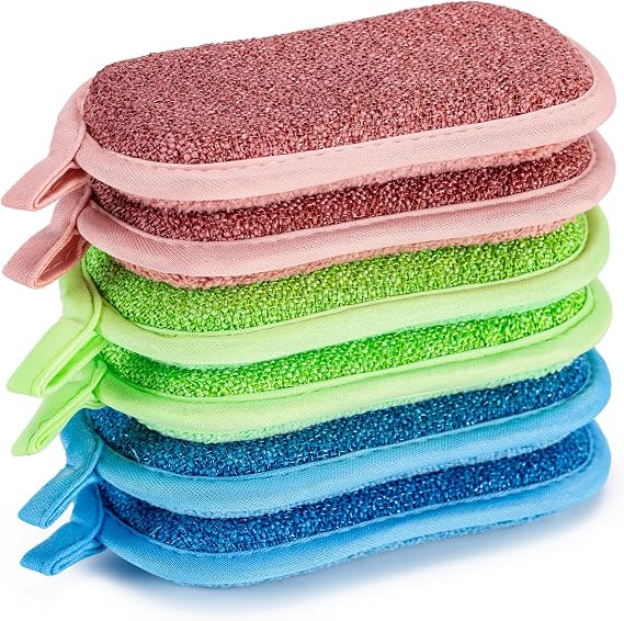Non Scratch Scrub Sponge-6pack, Dual-Sided Sponges Kitchen(M, 3 Color) | Reusable Microfiber Sponge for Efficiently Cleaning Dishes, High Density Sponge Inside
