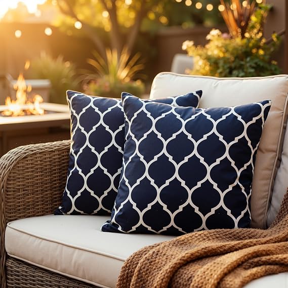 Outdoor Pillow Covers 2 Pack Patio Decorative Accent Throw Pillow Covers, Waterproof and Fade Resistant, Perfect for Summer Outdoors and Indoors, Trellis 18x18in Blue and White