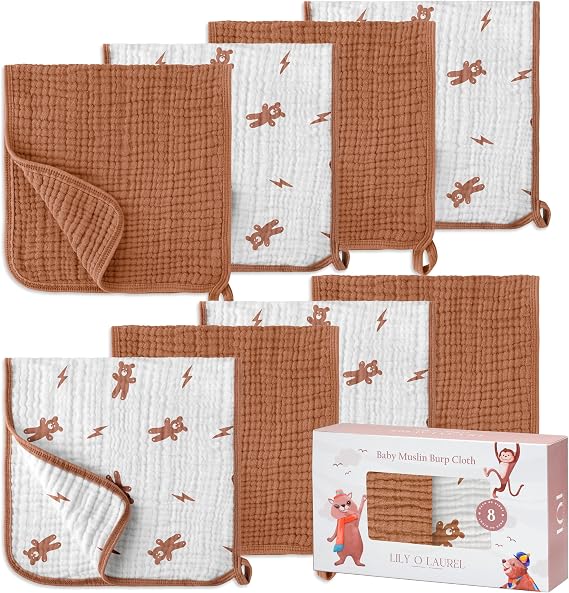 Muslin Burp Cloths, 20"x10"- Pack of 8, 6 Layers Super Soft Absorbent & Breathable 100% Cotton for Baby Drool and Messes, Burp Cloth Baby Boy and Burp Cloths Baby Girl