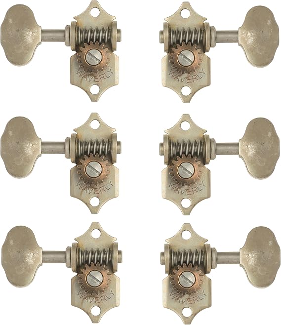 Waverly Guitar Tuners with Butterbean Knobs, for Solid Pegheads, Relic nickel, 3L/3R