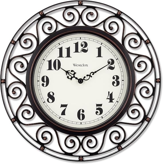 Westclox 12" Scroll Wall Clock with Open Filigree Frame, Black & Gold Finish, Metal Hands & Glass Lens (Black, 12")