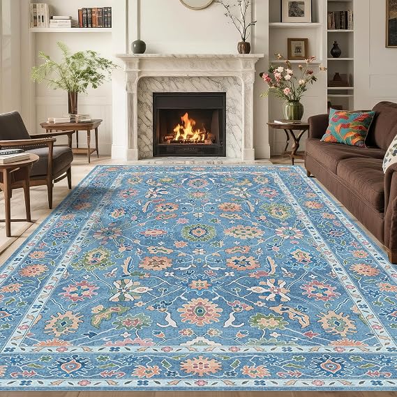Blue Vintage Oushak Rug 8x10: Large Washable Modern Turkish Area Rug Luxury Oriental Floral Carpet for Bedroom Living Room Nursery Light Blue