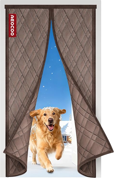 AEOCOO Insulated Door Curtains, Fit Size up to 36 x 80 Inches for Doorways/Front/Back/Basement, Magnetic Thermal Door Cover for Winter, Oxford Filled with Thick Cotton to Keep Warm, Brown, Diamond