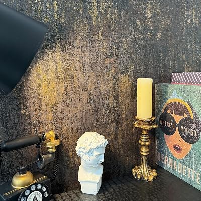 Black and Gold Wallpaper 17.3480 Peel and Stick Dark Industrial Wallpaper for Living Room Metallic Accent Wall Decoration Charcoal Gold Tuxtured Wall Paper for Home Office Coffee Shop